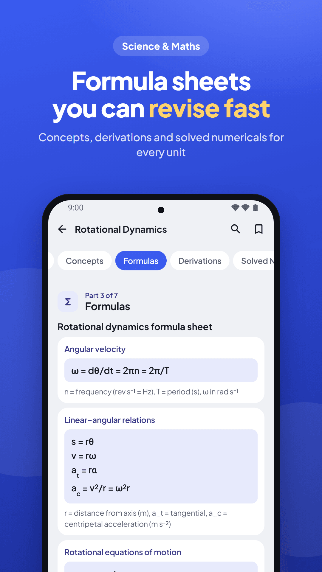 Physics formula sheet for rotational dynamics