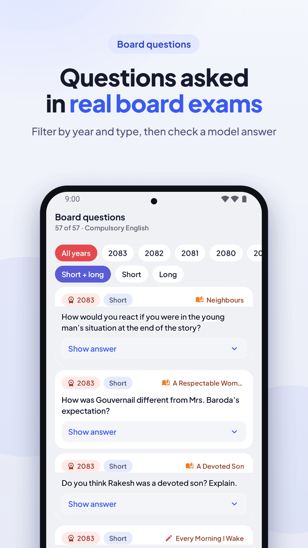 Board exam questions filtered by year